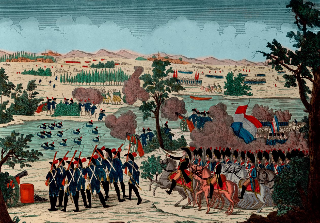 Passage of the Mincio on 11 Prairial year IV (20 December 1800) by the French Grenadiers. Under the eyes of Bonaparte General en Chief - Engraving - 1800 - The Battle of Pozzolo (also known as the Battle of the Mincio River, and Monzambano) - The passage o av Unknown artist