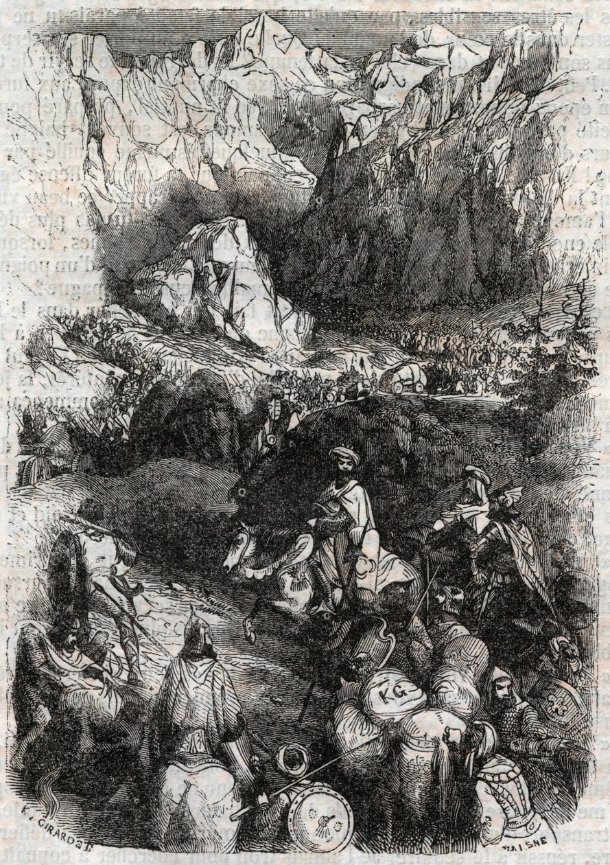 Passasje av Pyreneene av maurerne - gravering av 1851 fra "" Furious Roland"" (Orlando furioso) (1500-tallet) av Ludovico Ariosto, kjent som Ariosta - Utgave oversatt fra italiensk av greven av Tressan og utgitt av Gustave Harvard 1851 av Unknown artist