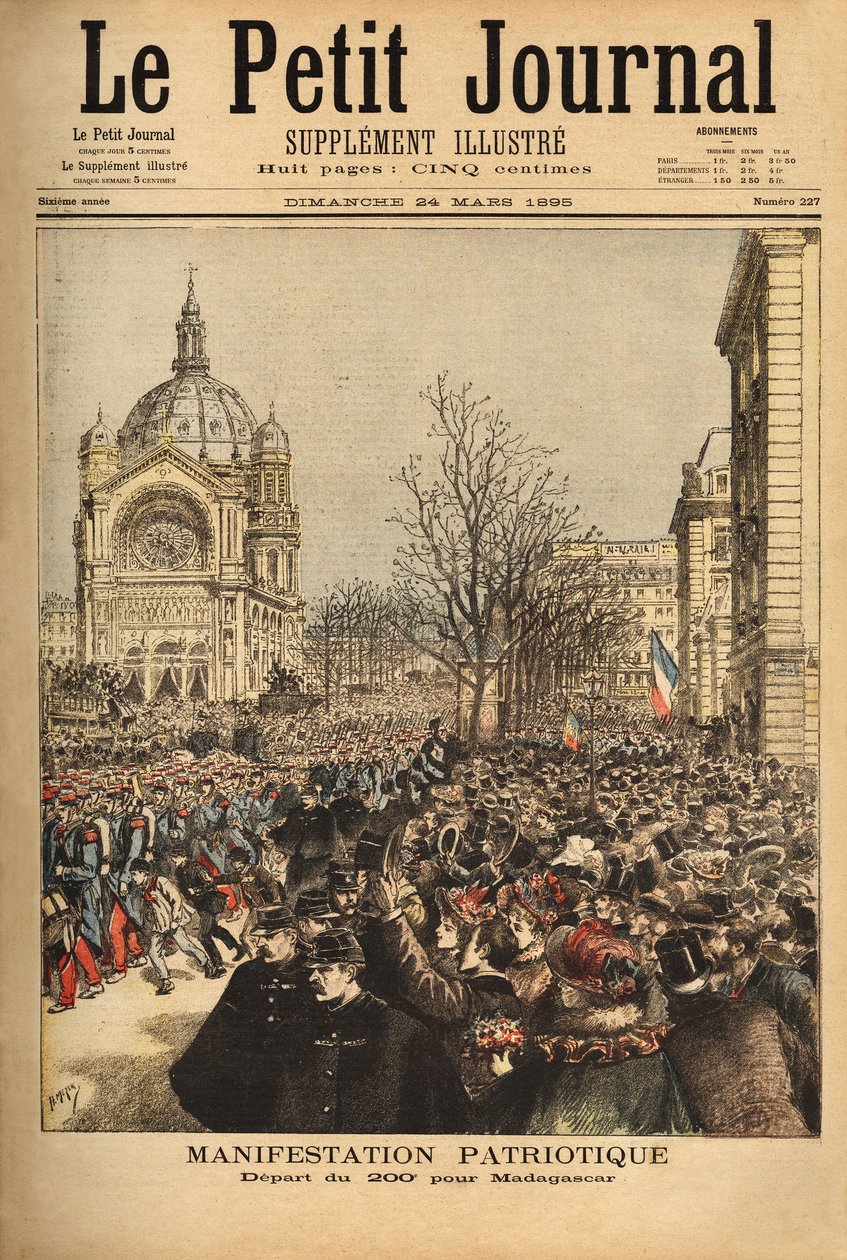 Patriotisk demonstrasjon i Paris, for starten av det 200. regimentet for Madagaskar. Gravering i "" Le petit journal"" 24/03/1895. Selvas samling. av Unknown artist