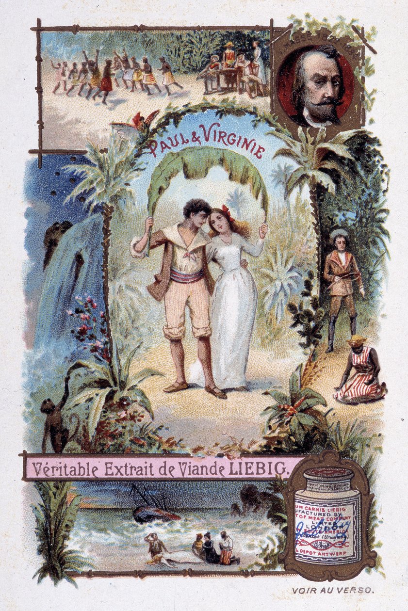 Paul og Virginia. Roman av Henri Bernardin de Saint Pierre (Saint-Pierre eller St-Pierre), fransk forfatter (1737-1814). Illustrasjon av V. Massé - Liébig reklamevignett av Unknown artist