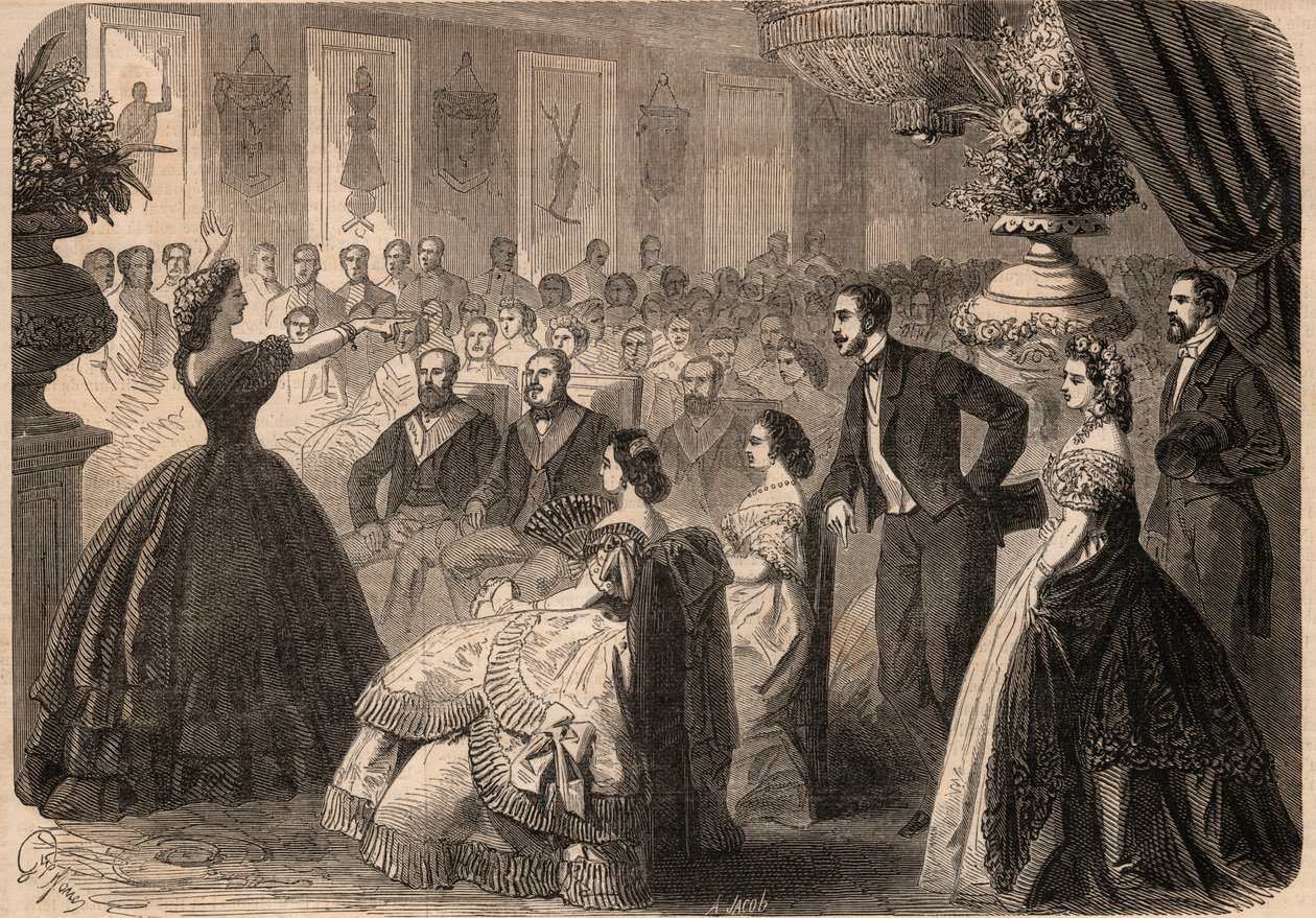 Pauline Viardot-Garcia (Viardot Garcia) (1821-1910), fransk sanger på veldedighetsfesten gitt av Maconnique Lodge "La perseverante friendship" i Grand Orient of Paris. Gravering I "" Le Monde illustrious"" fra 1862. Privat samling. av Unknown artist