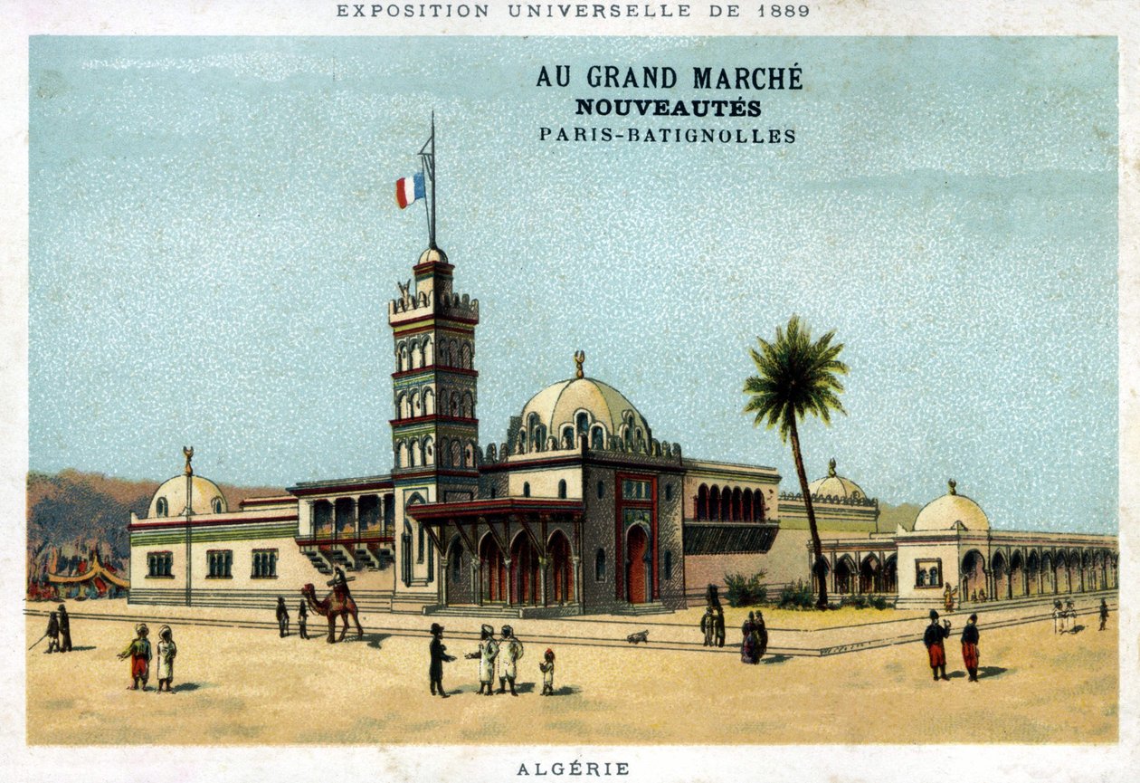 Paviljongen i Algerie under verdensutstillingen i 1889. Kartong utgitt av Grand Marché Nye produkter: Paris - Batignolles. Kromolitografi fra 1800-tallet. av Unknown artist