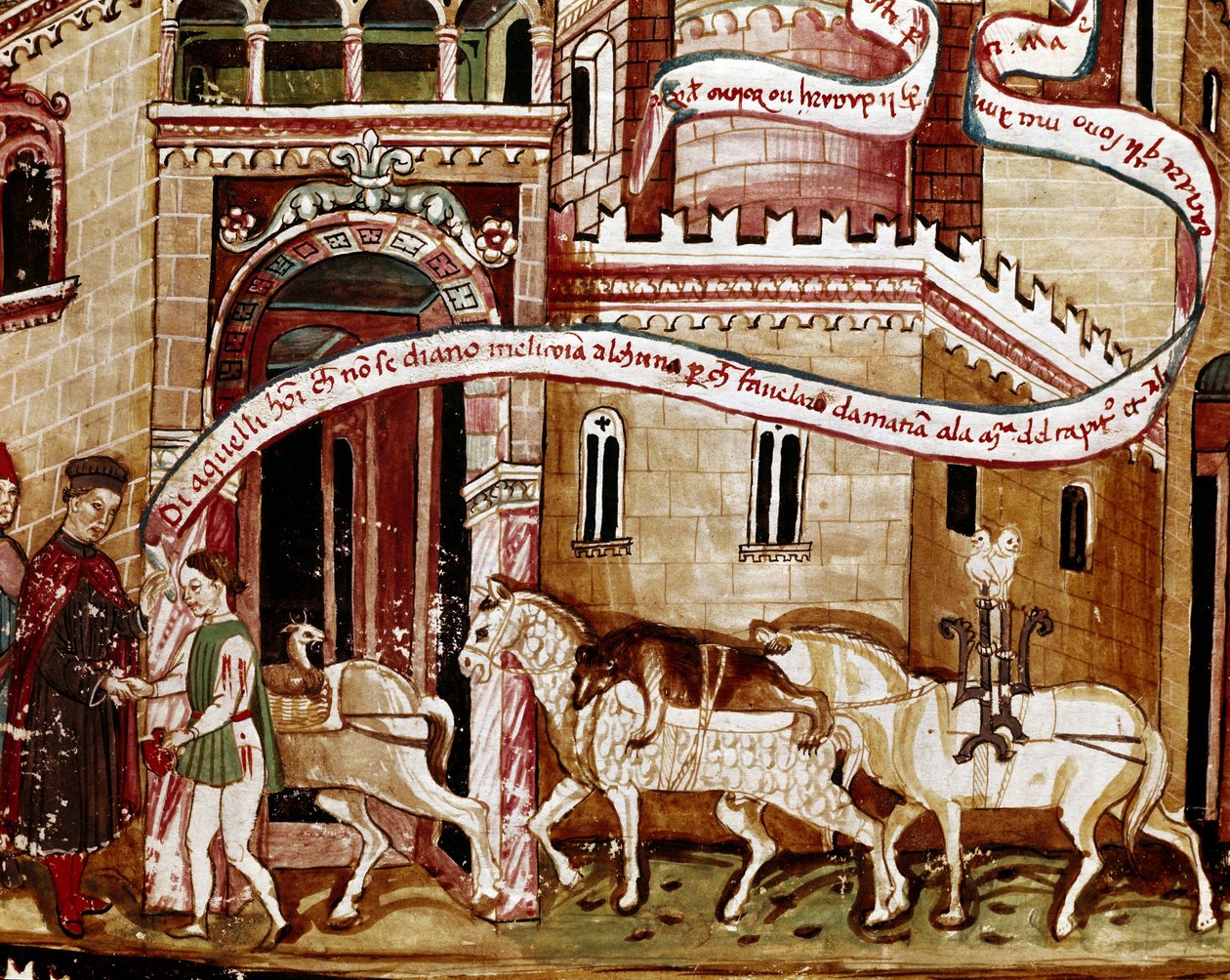 Betaling av saltavgiften ved inngangen til byen (gabelle) Miniatyr fra manuskriptet (Ms. H V-5) "Codex de Privileges"" av Unknown artist