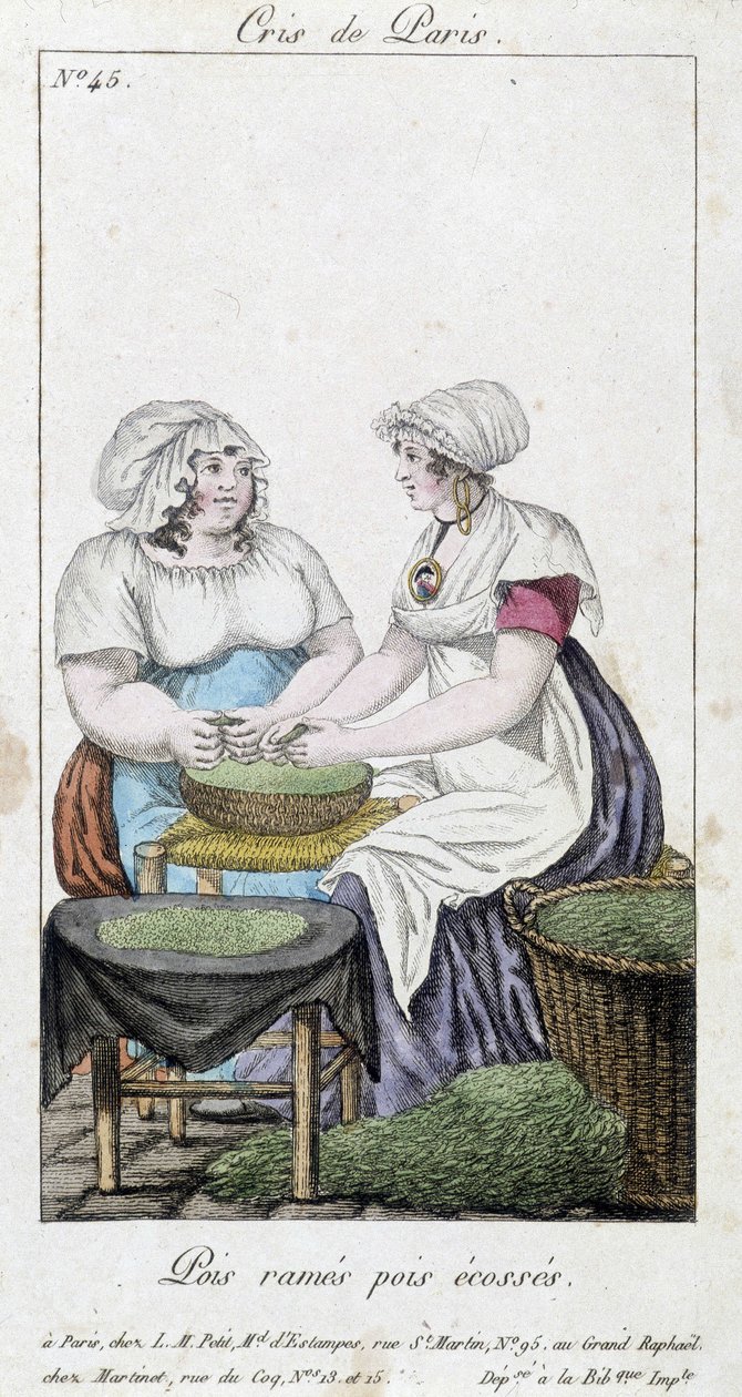 Ertehandlere: to kvinner som feller erter. “” Row erter, skotske erter” - i “” Cris de Paris””, deb. 1800-tallet av Unknown artist