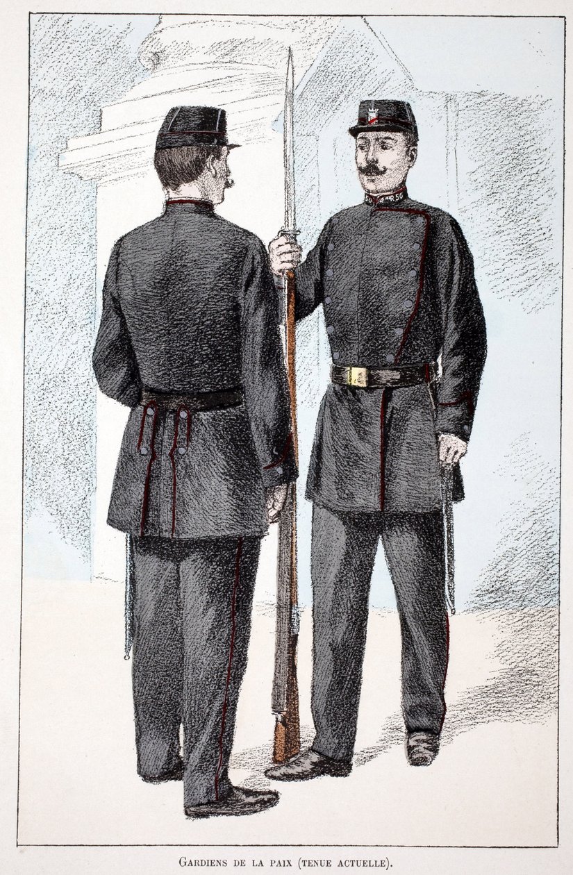 Fredsbevarende (Lepine-perioden). Etsning i farger, for illustrasjon "" Histoire du corps des gardes de la paix""" bok utgitt i regi av Louis Lepine (1846-1933) prefekt for politiet på Seinen, av Alfred Rey (1864-?) og Louis Feron (1862- av Unknown artist
