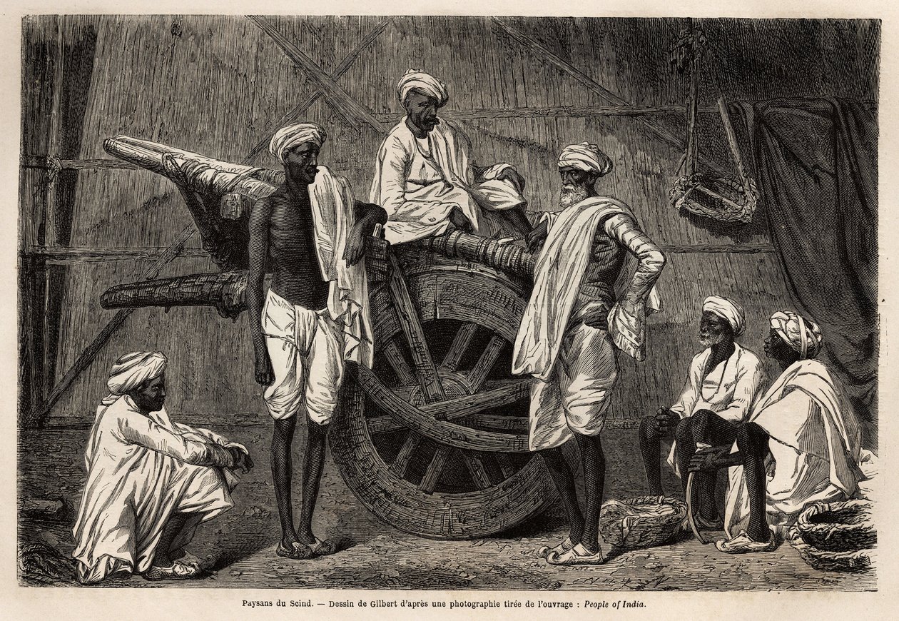 Bønder fra Scind (Punjab-regionen, India), ved siden av landbruksmaskineriet deres. Gravering for å illustrere reisen til Pandjab og Kashmir, historie av Guillaume Lejean, i 1866, publisert i "Le tour du monde, nouveau journal des voyages", under regi av Unknown artist