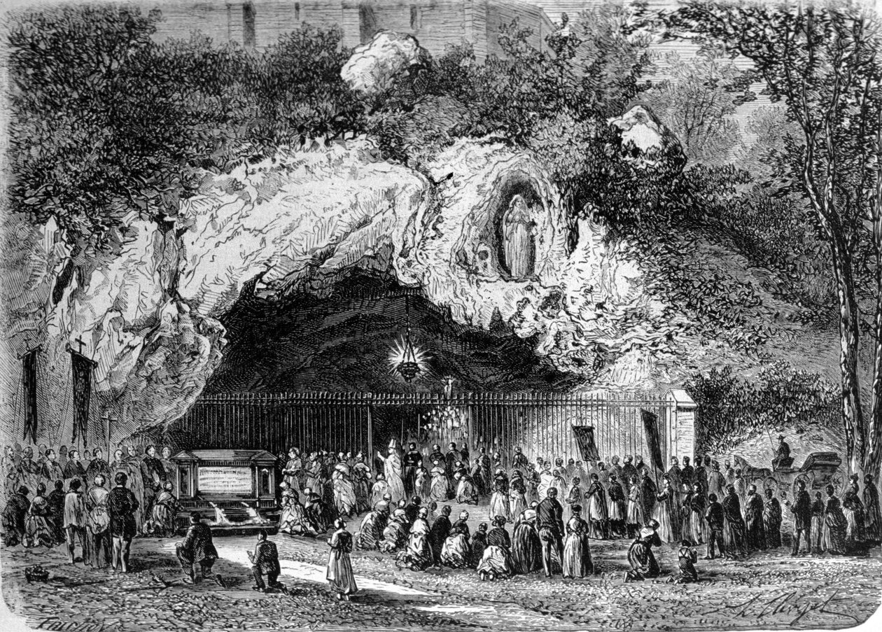 Pelerins foran den mirakuløse grotten Lourdes i de høye Pyreneene der Jomfruen viste seg for Bernadette Soubirous (1844-1879) i 1858, nåværende pilegrimssted. Gravering av 1800-tallet av Unknown artist