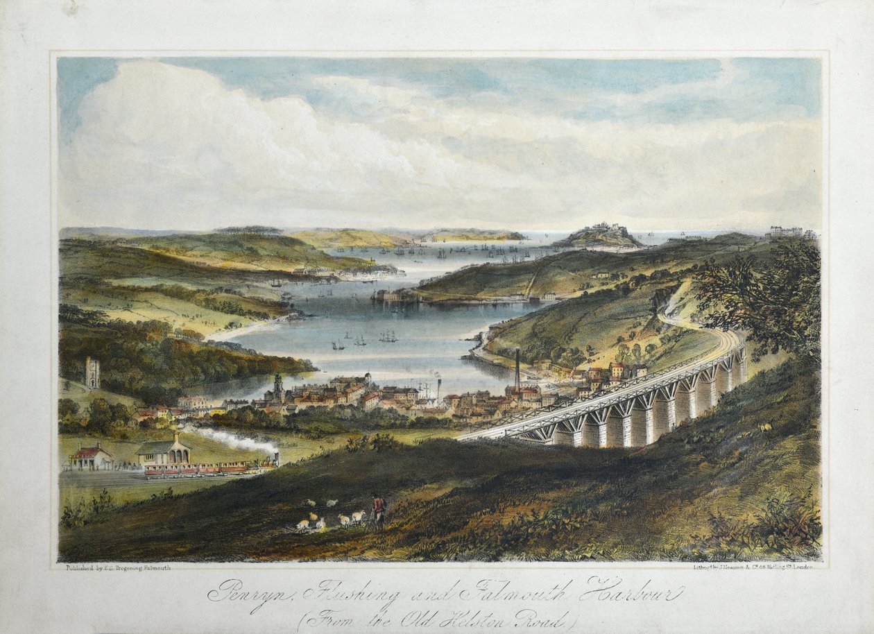 Penryn, Flushing og Falmouth Harbors (fra Old Helton Road), ca. 1860-80 (farget litho på papir) av Unknown artist