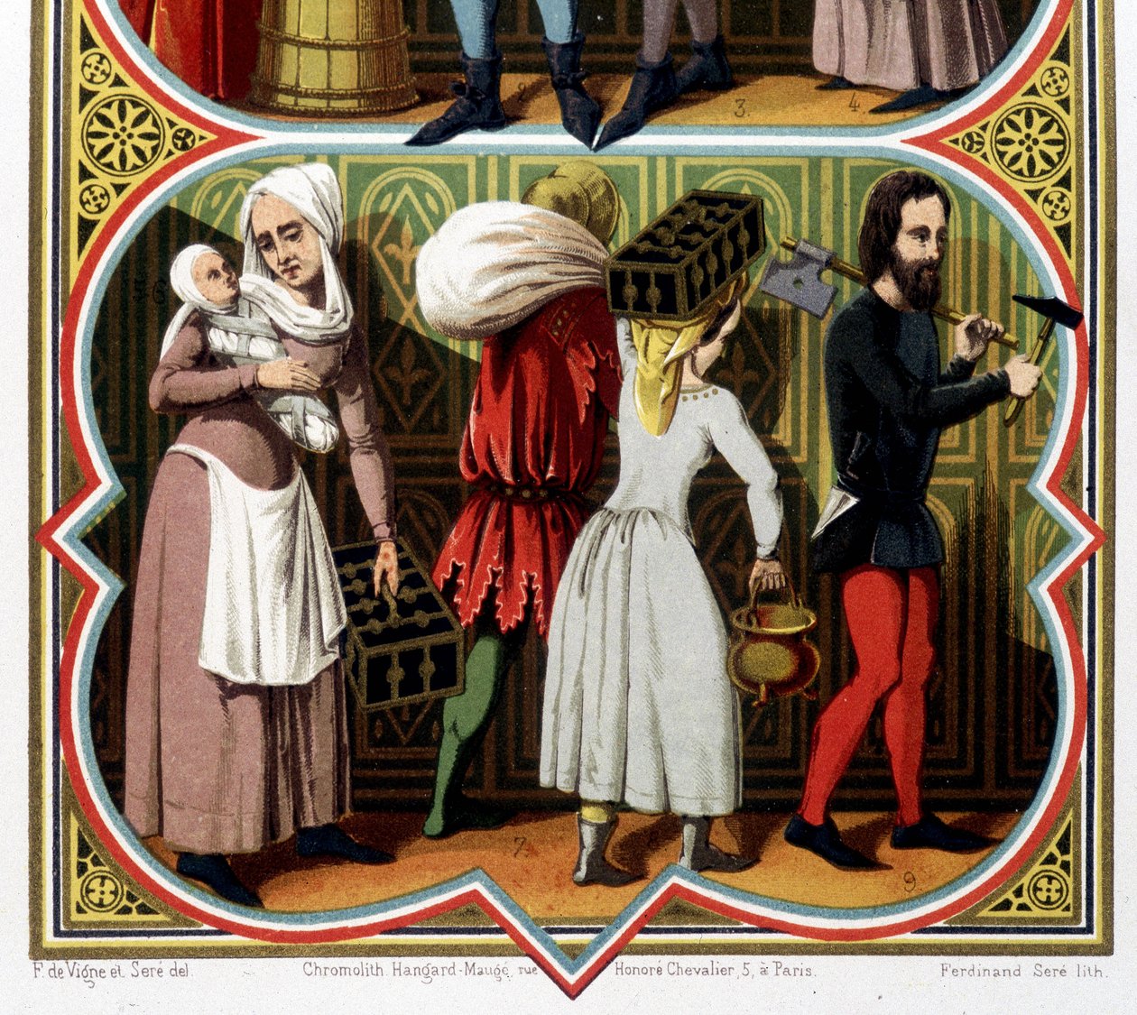 Mennesker i middelalderen - i "" Den overdådige kunsten, historien til kostymer og møbler"" av Unknown artist