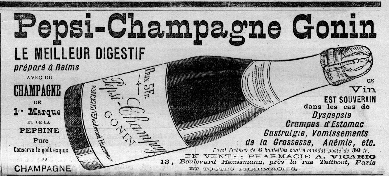 Pepsi Champagne Gonin (Pepsi-Champagne from the brand Gonin). Digestif prepare in Reims with champagne and Pepsin. Alcohol advises in case of dyspepsia, stomach cramps, gastralgia, vomiting of pregnancy, anemia... (for sale in pharmacies). Engraving in “”  av Unknown artist