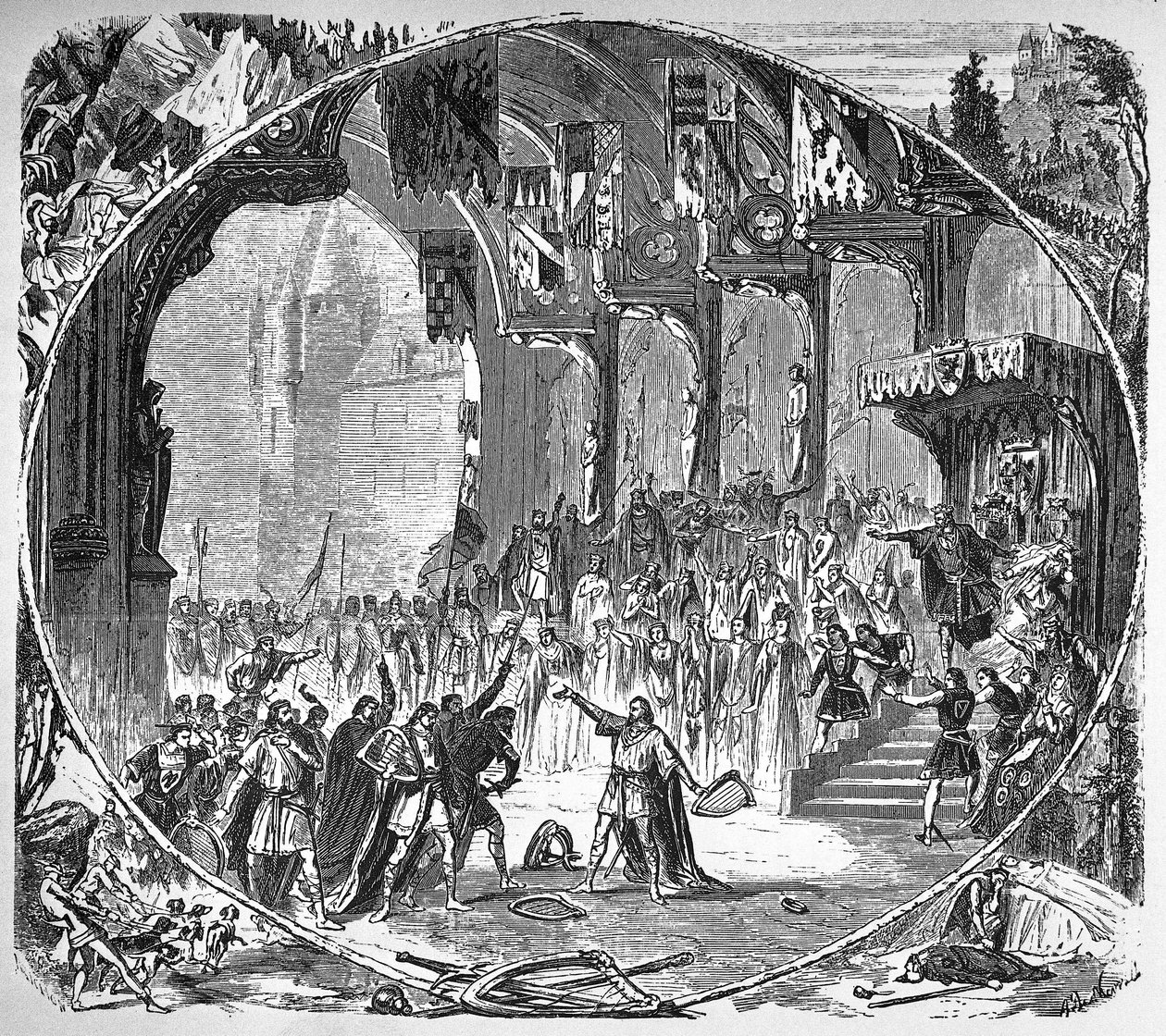 Fremførelse av "" Tannhauser"" av Richard Wagner på Paris Opera i 1861. Sluttscene av andre akt. Alphonse-tegning av Neuville. av Unknown artist