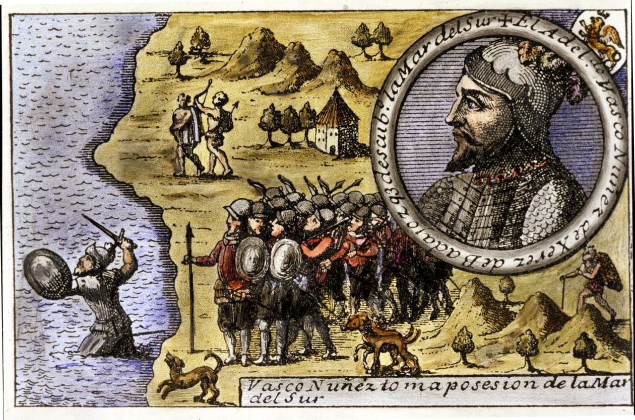 Fremførelse av Vasco Nunez de Balboa (1475 - 1517), spansk navigatør som var en av de første som oppdaget Stillehavet ved å krysse Darienstredet. Gravering av Unknown artist