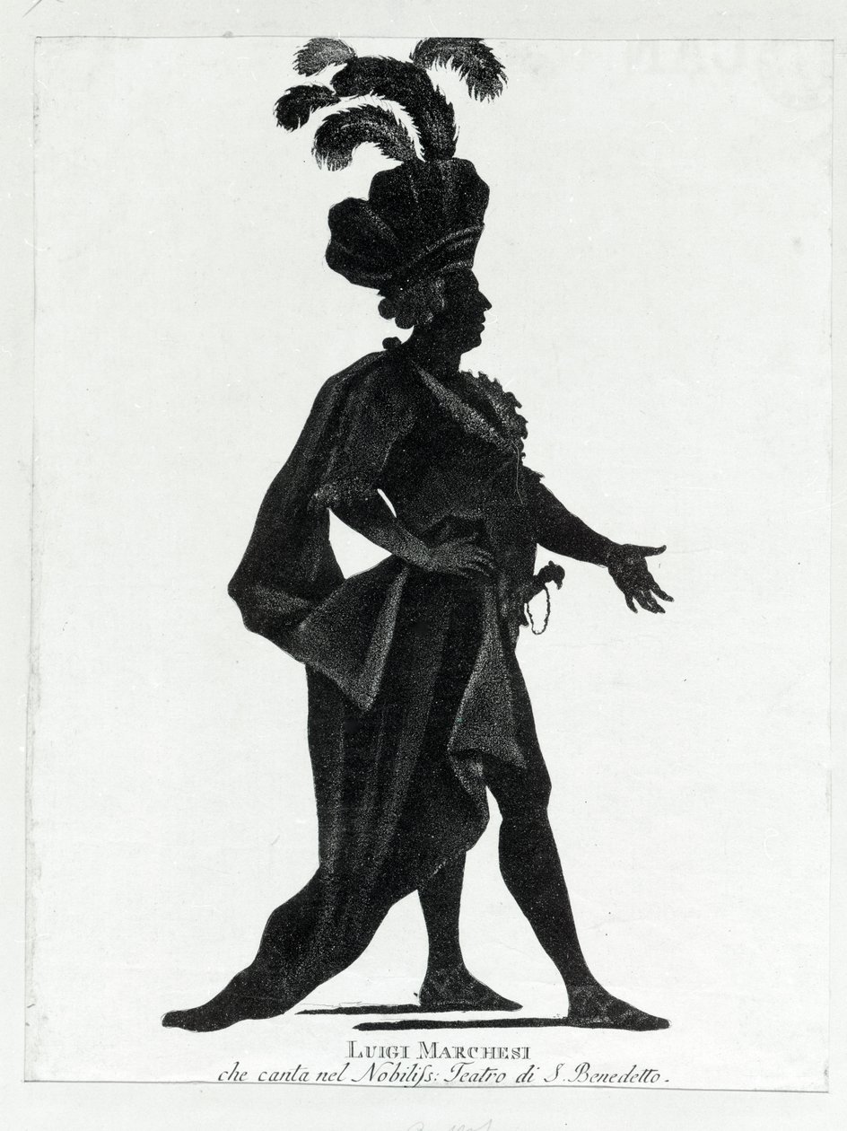 Fremførelse av den italienske kastraten Luigi Marchesi (1754 - 1829) også kjent som Marchesini-sang på teatret i San Benedetto. av Unknown artist