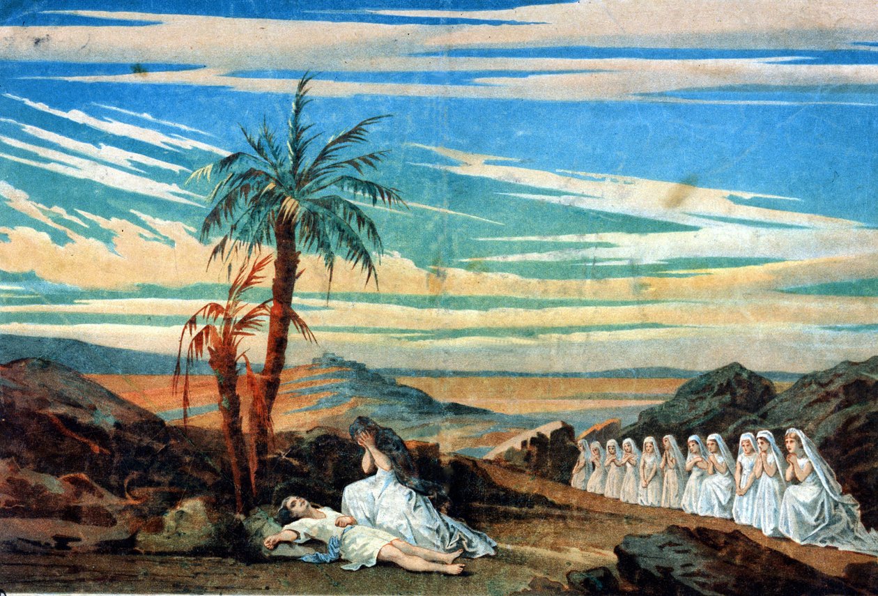 Fremføring av den siste scenen i akt IV av "Dronningen av Saba", opera komponert av Karl Goldmark (1830 - 1915). av Unknown artist