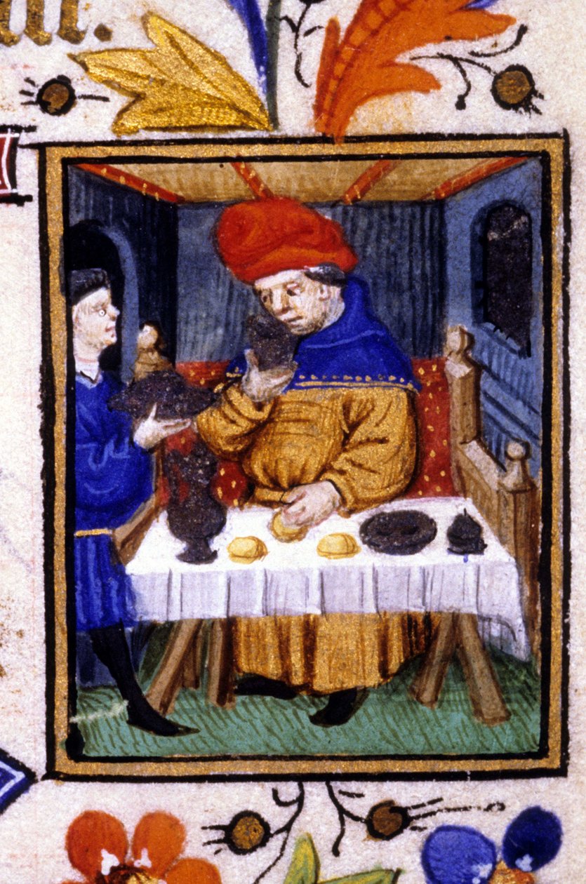 Januar måneds forestilling. En tjener legger mat på sin herres bord. Miniatyr av et manuskript fra 1300-tallet. av Unknown artist