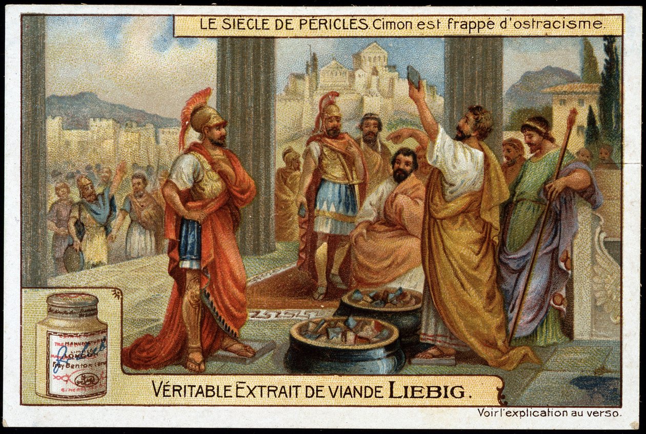 Perikles århundre (495-429 f.Kr.): statsmann og strategi Cimon (510-449 f.Kr.) blir truffet av utstøting, i 461 f.Kr. - Liebig-kromolitografi av Unknown artist