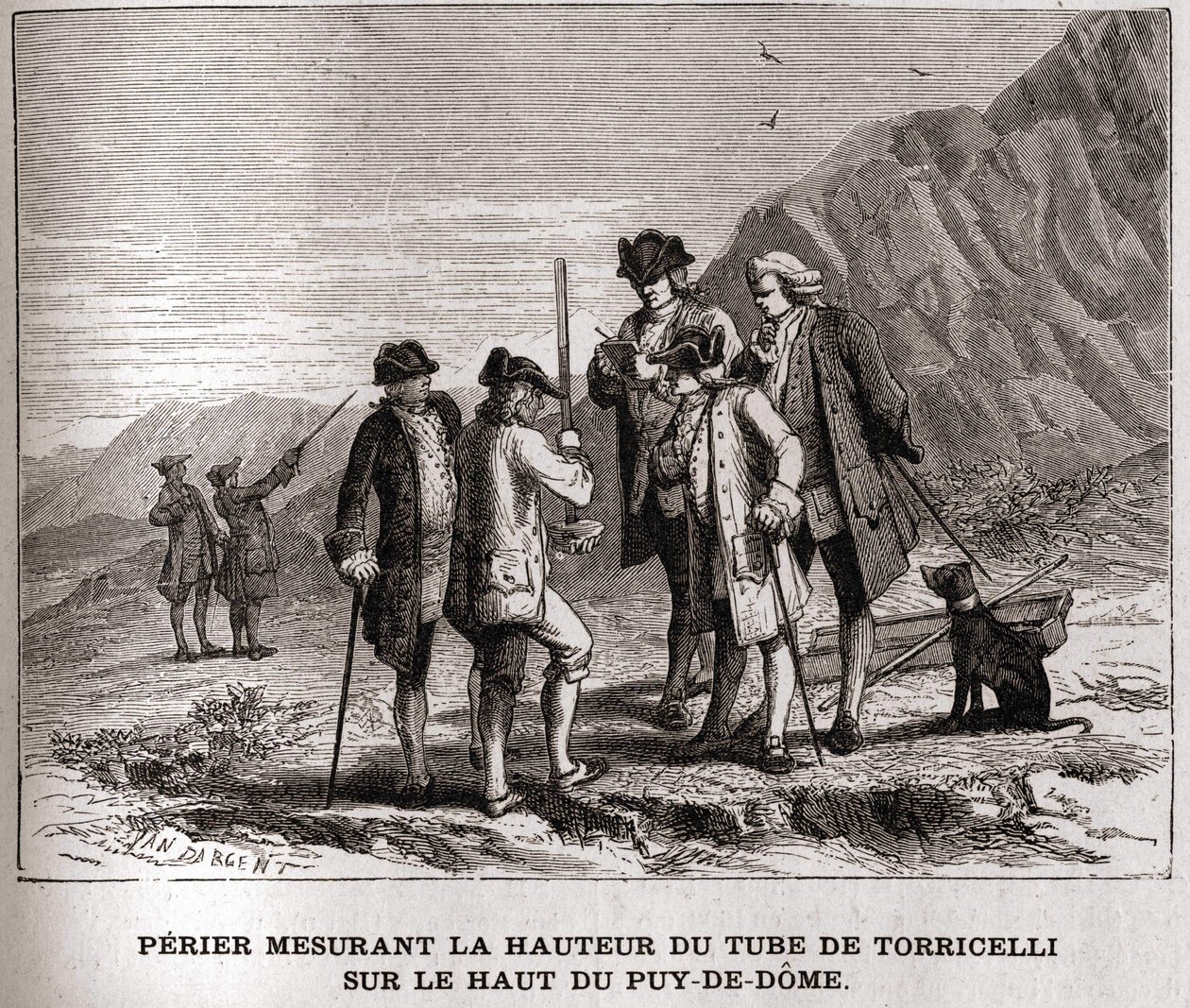 Perrier som måler høyden på barometeret (kvikksølvrør) av Evangelista Torricelli eller Torricelli på toppen av Puy-de-Dôme 20. september 1618, gravering fra 1800-tallet, Bianchetti-samlingen. av Unknown artist