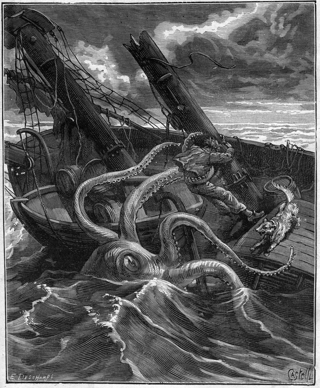 Perilleous Adventures Of Narcissus Nicaise In Congo - by Armand Dubarry 1836 -1910 - he had in front of him a formidable marine monster (Giant octopus) (Giant octopus) - engraving in Journal des voyage de 1881 - av Unknown artist