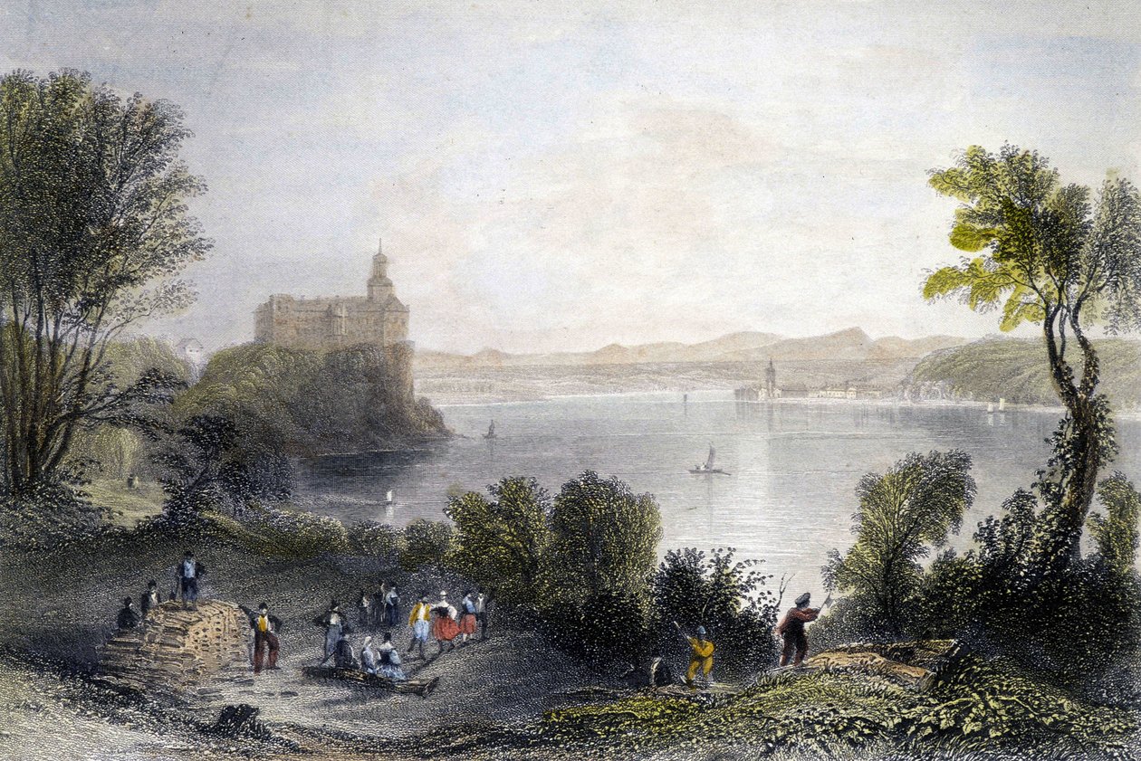 Persenberg slott i Tyskland. I forgrunnen trearbeiderne i arbeid. Gravering av 1800-tallet. av Unknown artist