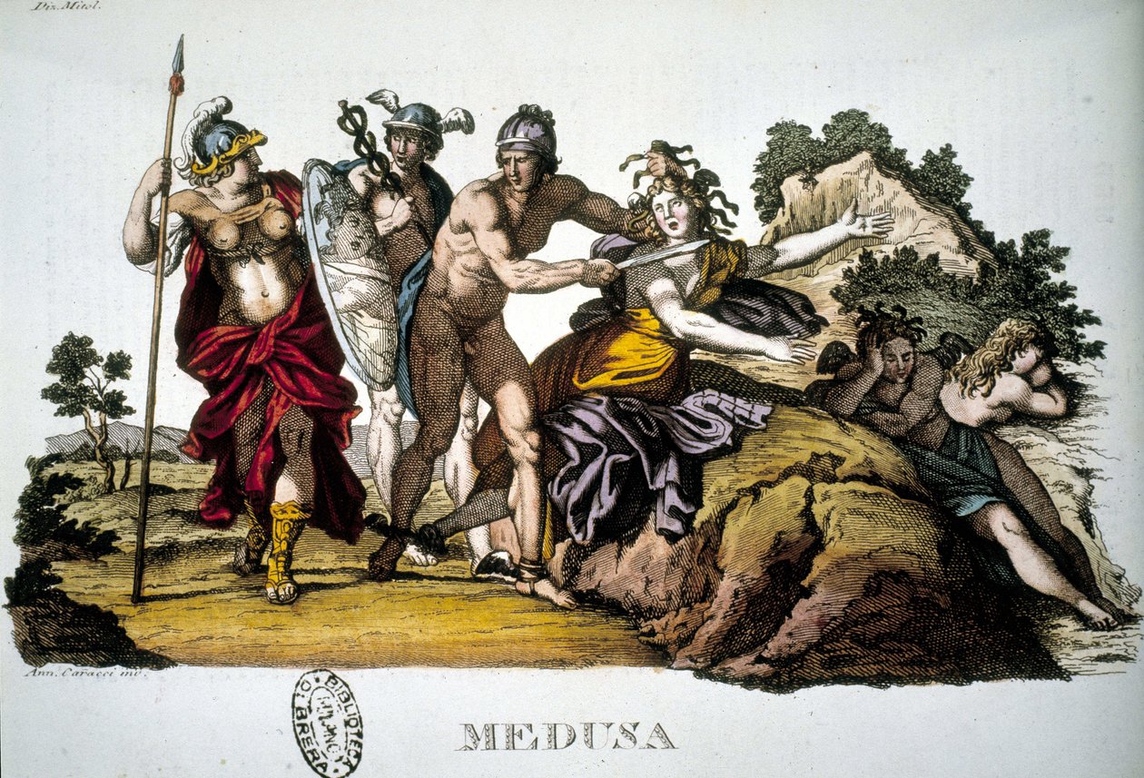 Perseus og Medusa, en av de tre Gorgonene - i Mythological Dictionary av Unknown artist