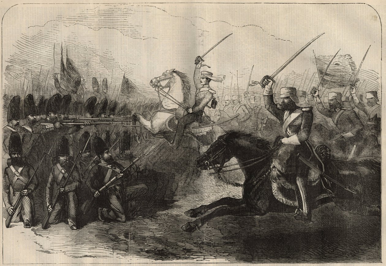 Persisk Anglo (anglo-persisk) krig (1856–1857): anklagen mot det tredje britiske indo-kavaleriet kommandert av kaptein Forbes under slaget ved Koosh-Ab (Koosh Ab, Kooshab) 8. februar av Unknown artist