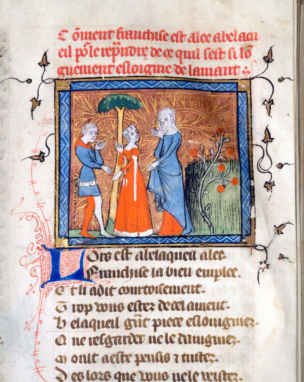 ""Karakterer i samtale"" Opplyst side fra manuskriptet ""Le Roman de la Rose"" av Guillaume de Lorris (rundt 1200-1238) og Jean de Meun (Meung) (1240-1305) rundt 1365 University of Chicago Library States forent av Unknown artist