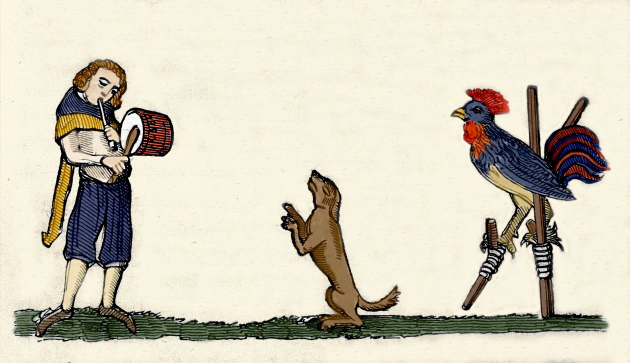 Kjæledyr trent: en hund og en hane danser på stillbilder til trommerytmen. Gravering fra et manuskript fra 1344 fra Bodleian-biblioteket i Oxford. av Unknown artist