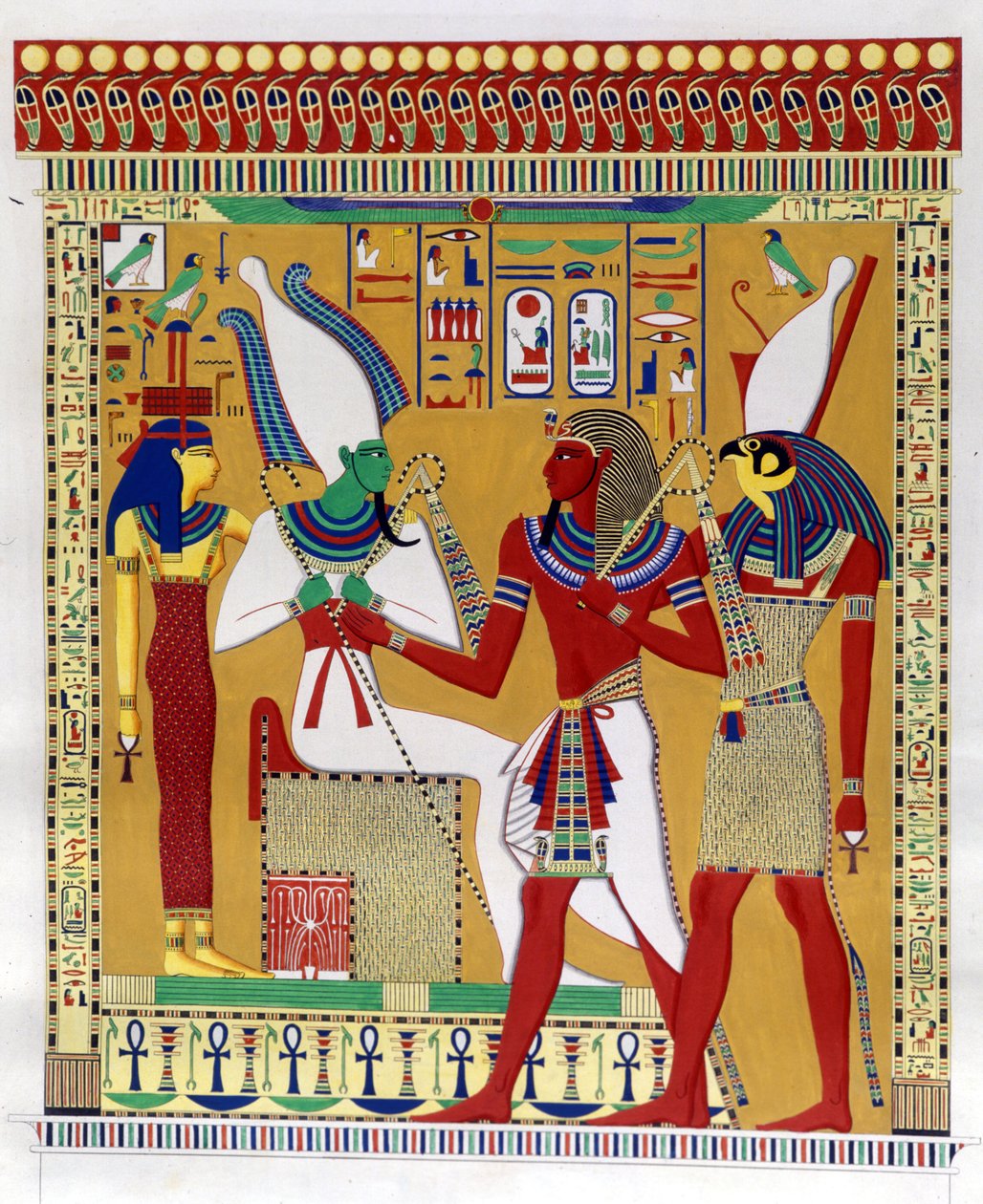 Farao Merenptah 1. (eller Mineptah, Merneptah) (1213-1204 f.Kr.) ledet av Horus i nærvær av Osiris og Athyr infernal. Fra venstre: Athyr, Osiris, Merenptah I og Horus. (Biban-el-Moluk) - i "" Monuments of Egypt and Upper Nubia"" av Ippo av Unknown artist