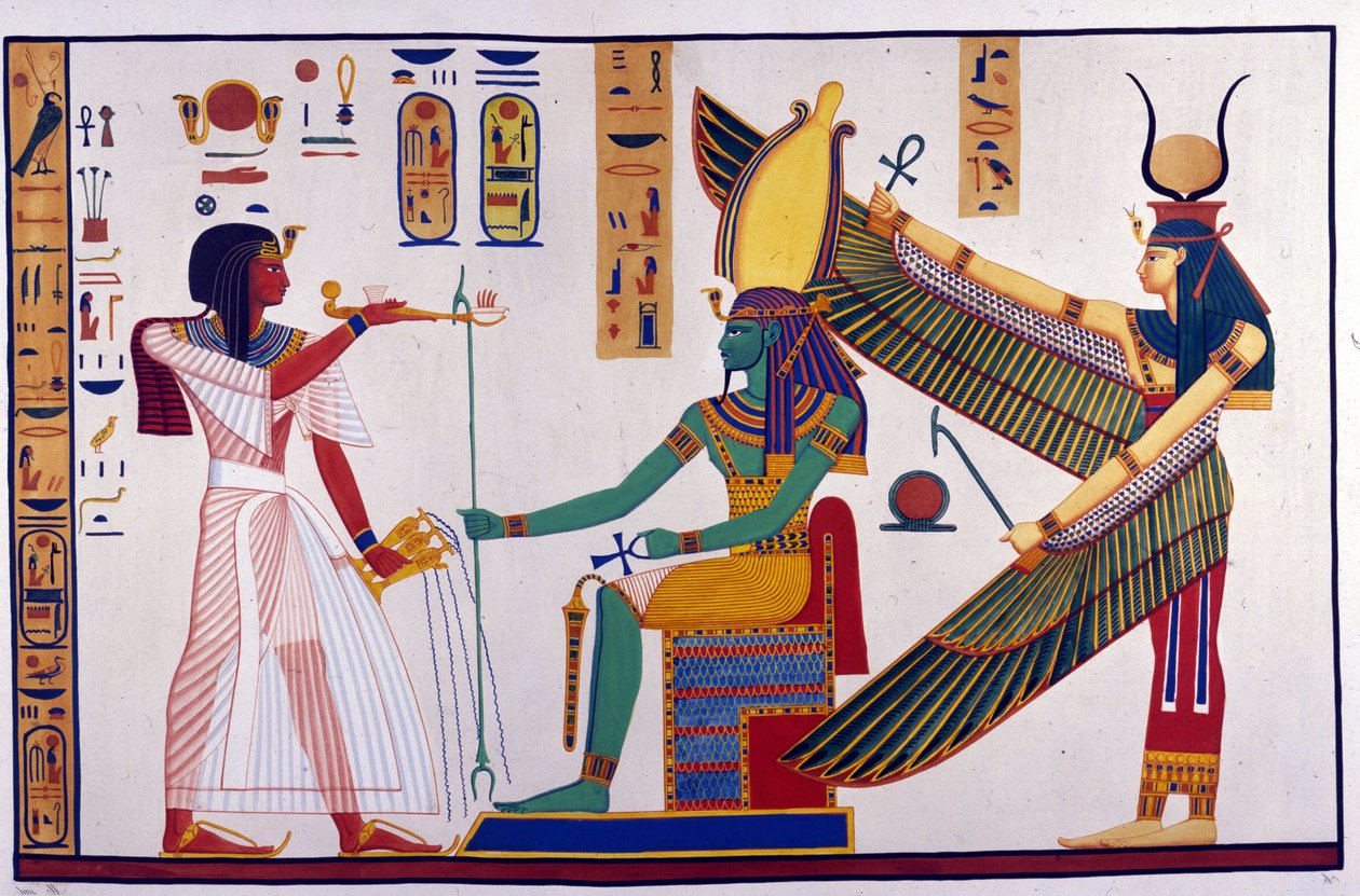 Farao Ramses IV gir tilbud til Ptah-Sokari-Osiris. Bak Osiris er Isis. (Bibah-el-Moluks grav) - i "" Monumenter av Egypt og Øvre Nubia"" av Ippolito Rosellini (Rossellini). av Unknown artist