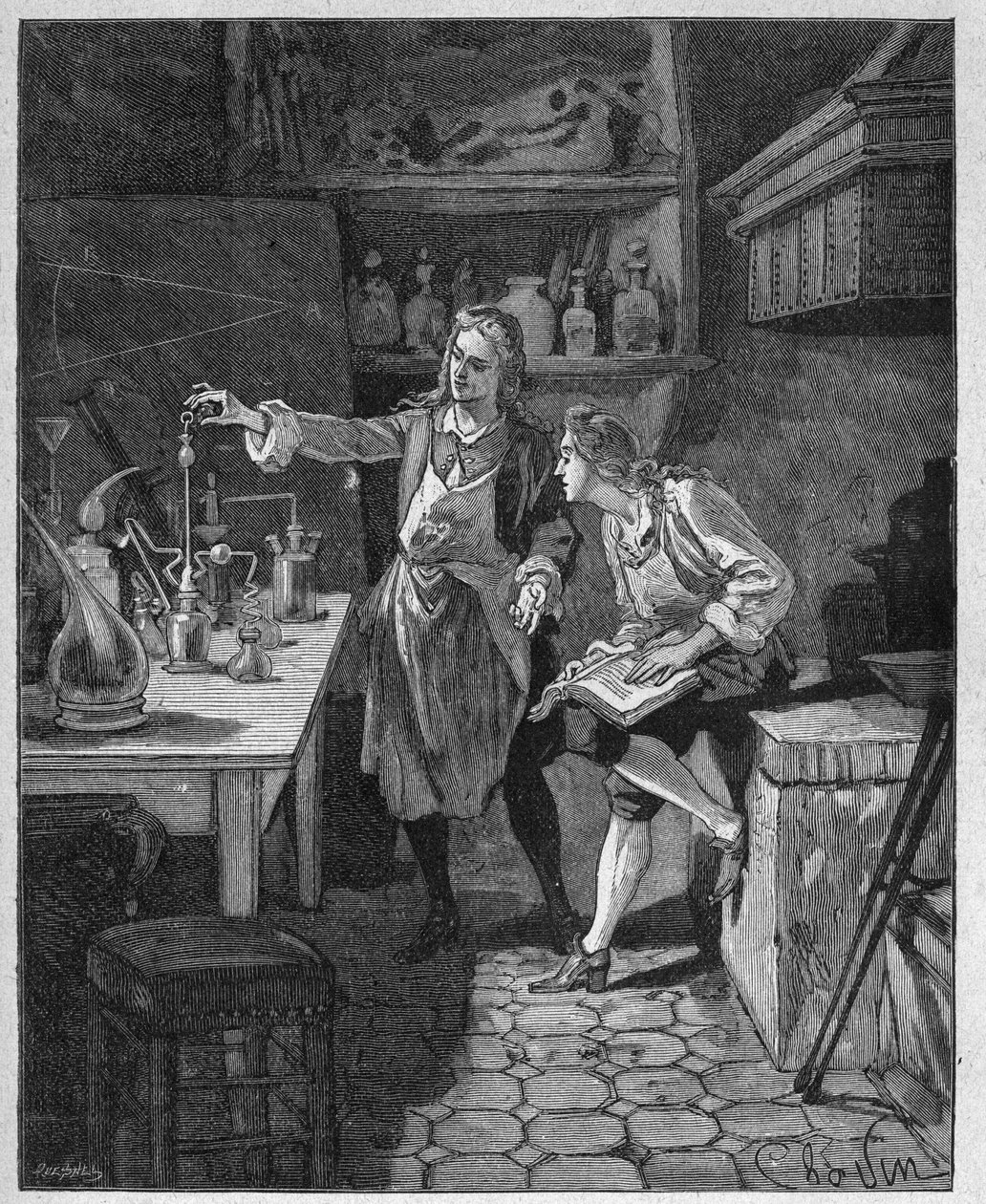 Philip II Duke of Orleans (1674-1723) doing chemistry with Humbert. Engraving of the 19th century. In “Histoire de France” by Jules Michelet av Unknown artist