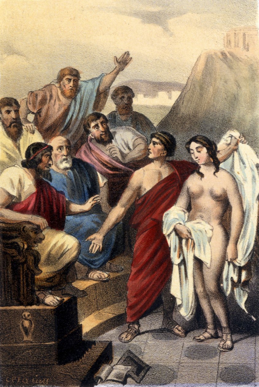 Phryne (gresk kurtisane) foran dommerne i Athen. av Unknown artist