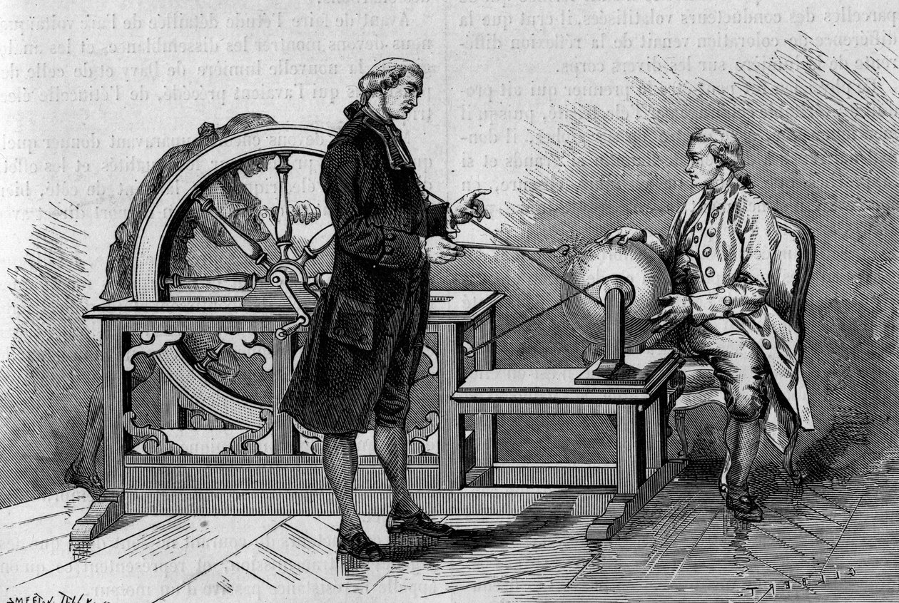 Physics experience in the 18th century: glow produced by an electric machine. (From Abbe Nollet). Engraving in “” La Nature: revue des sciences et de leurs applications aux arts et a l