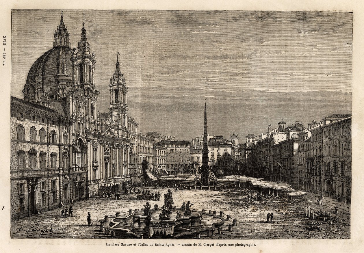 Piazza Navona, bygget på ruinene av Stadium of Domitian fra det 1. århundre, er stoltheten til det barokke Roma, med fontenen til de 4 elvene, bygget mellom 1648-1651, i henhold til design av Bernini (1598-1620) og St. Agnes kirke, batie bet av Unknown artist