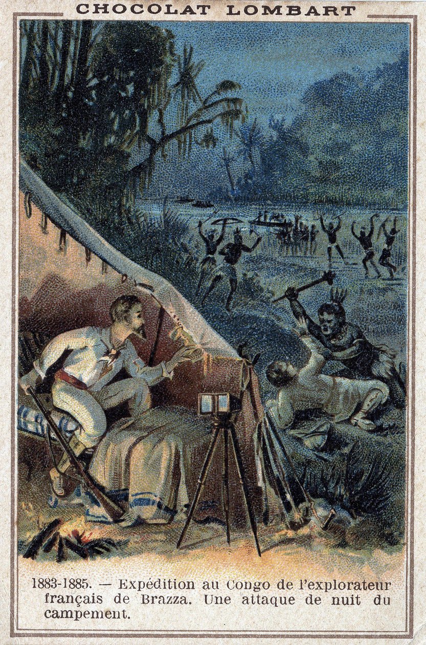 Pierre Savorgnan de Brazza (1852-1905), fransk oppdagelsesreisende, ved bredden av Kongo. Et nattangrep av leiren. av Unknown artist