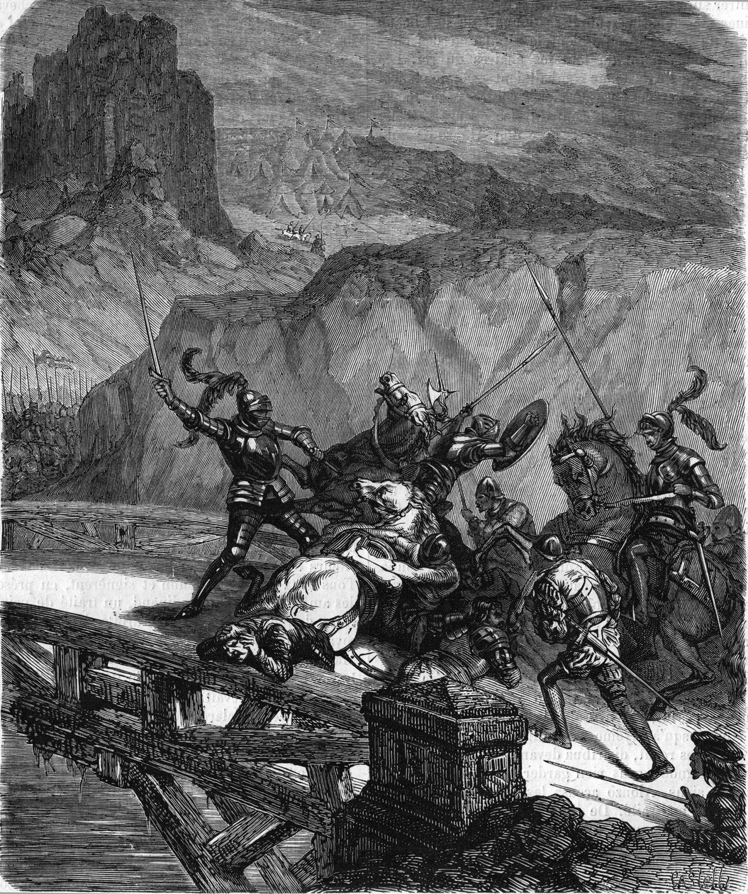 Pierre Terrail, lord of Bayard, defending the Garigliano Bridge (Italy) in 1503. Engraving of the 19th century. av Unknown artist