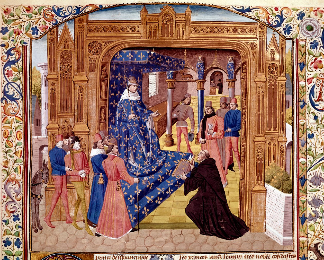 Pierre de Bressuire tilbyr boken sin til Johannes II den gode på øya Cite i Paris Miniature fra "" Histoire romaine"" (Ad urbe condita) av Titus Live (59 f.Kr.-17 e.Kr.) (Titus Livius), oversatt av Pierre Bressuire (ms. 310) 1450-1500 Chantilly, muse av Unknown artist