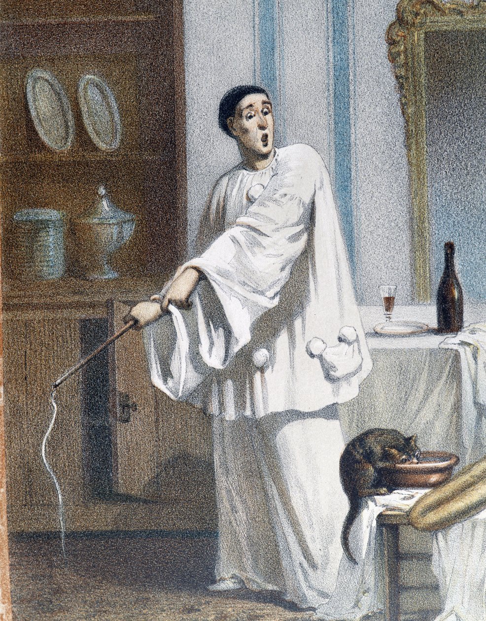 Pierrot pisker en katt - a.n.d., sent på 1800-tallet av Unknown artist