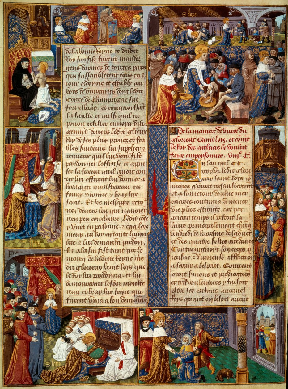 Piete-scene: "" Kong Ludvig IX (1214-1270) (Saint Louis) vasker føttene til de fattige, kongen ber og scener med kristen veldedighet fra kongen"" Miniatyr fra et manuskript "" The Book of Facts of Monsignor Saint Louis”” 1400-tallet. Paris, B.N av Unknown artist