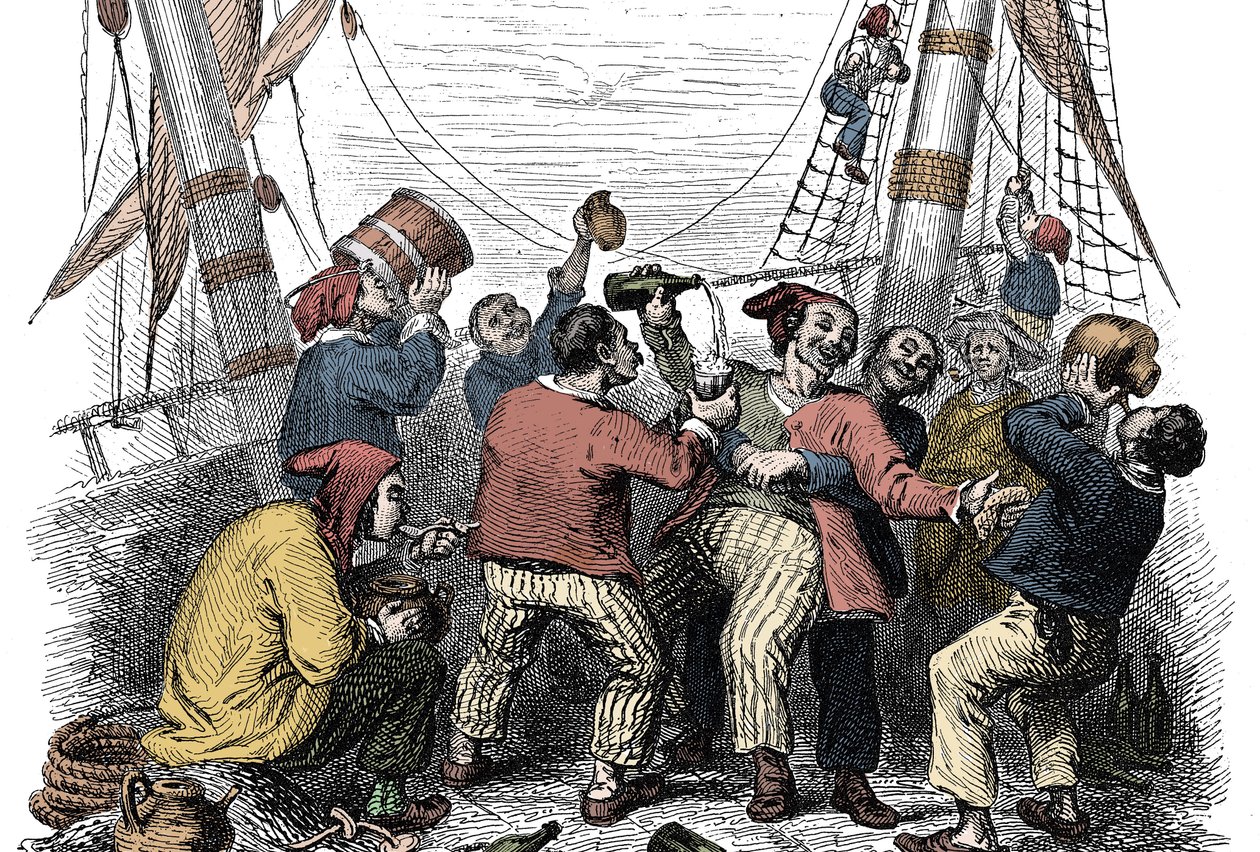 Pirater som feirer fangsten av et rikt bytte etter angrepet av et fiendtlig skip. Gravering av 1800-tallet av Unknown artist