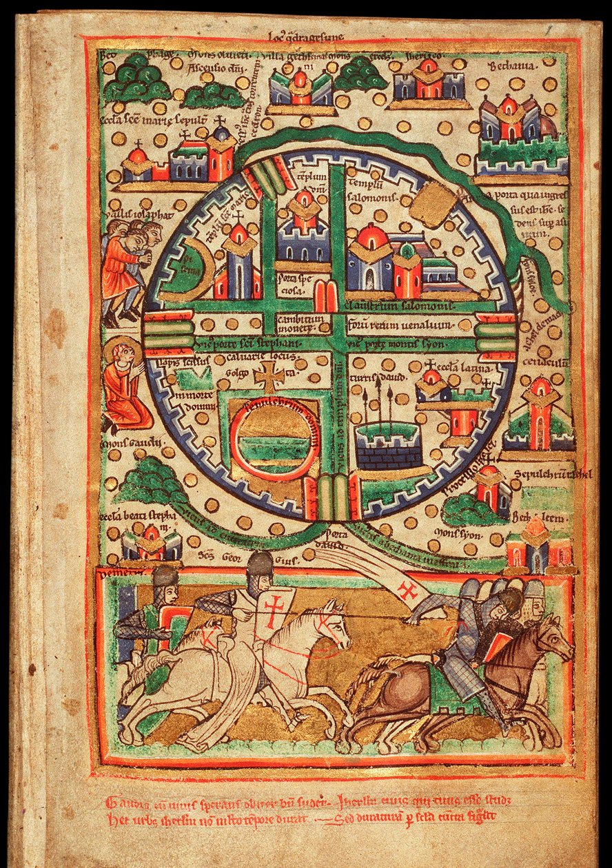 Plan over Jerusalem (Israel) - Akvarell på pergament, utdrag fra et manuskriptpsalter, rundt 1200 - Plan over Jerusalem, Salterfragment Akvarell på pergament, ca 1200 - Koninklijke Bibliotheek, Haag av Unknown artist