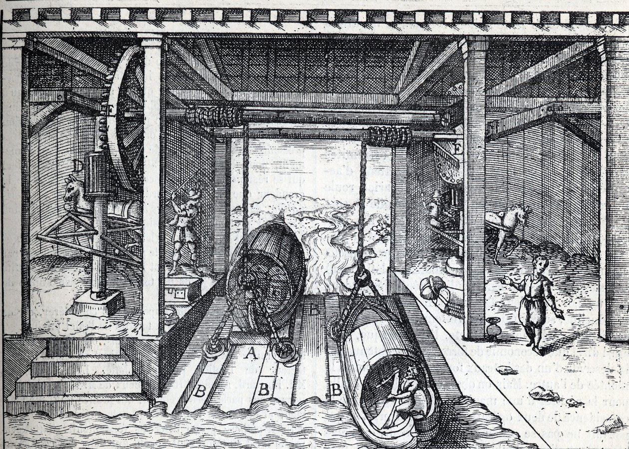 Planlegg stigning for båter på 1500-tallet på lagunene til Brenta (elven) i Nord-Italia. Gravering i "" La Nature"" av Unknown artist