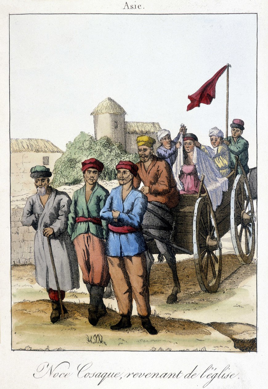 Plate fra 1811 som illustrerer en gruppe kosakker som returnerer fra kirken etter et bryllup. av Unknown artist
