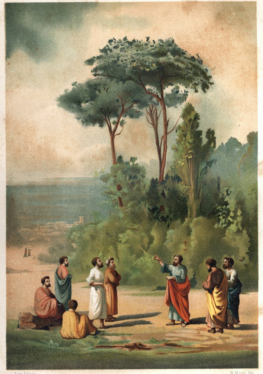 Platon og hans disipler i akademiets hager. etter hombres y Mujeres berømte. Barcelona 1877. av Unknown artist