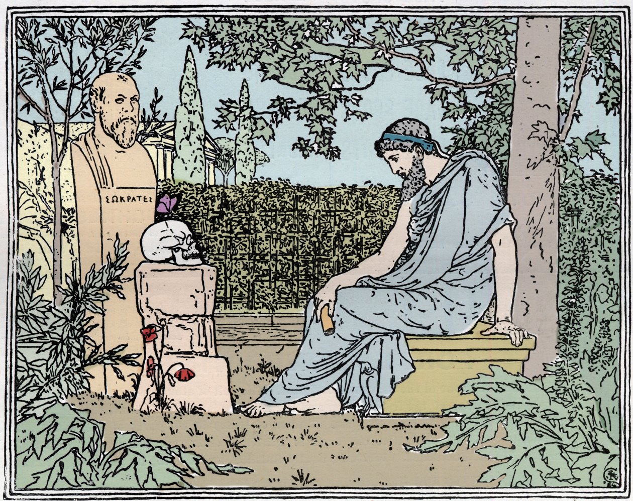 Plato meditating on immortality before Socrates, the butterfly, skull, and poppy about 400 BC - Plato meditant on immortalite before Socrates, a butterfly, a skull, and a poppy around 400 BC engraving of the 19th century av Unknown artist