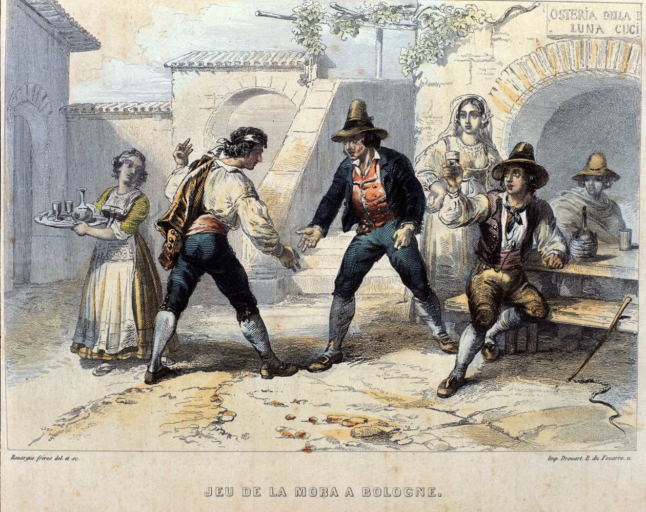 Players of die (morra), italiensk spill i en osteria (vertshus) i Bologna. Begynnelsen av 1800-tallet av Unknown artist