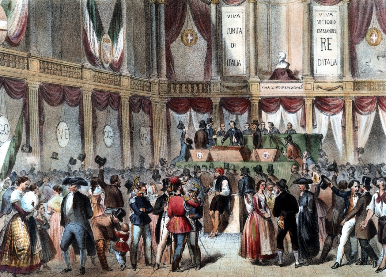 Folkeavstemning for annekteringen av kongeriket Napoli til Italia i 1860. I bakgrunnen: Viva Vittorio Emmanele (Victor Emmanuel) Re D
