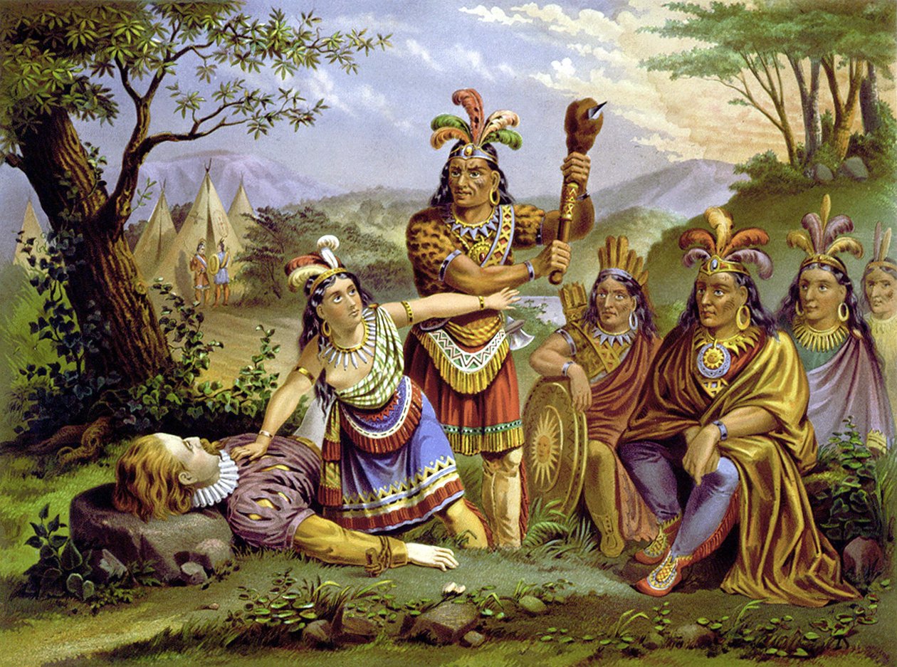 Pocahontas saved Captain John Smith. Chromolithography around 1870. av Unknown artist