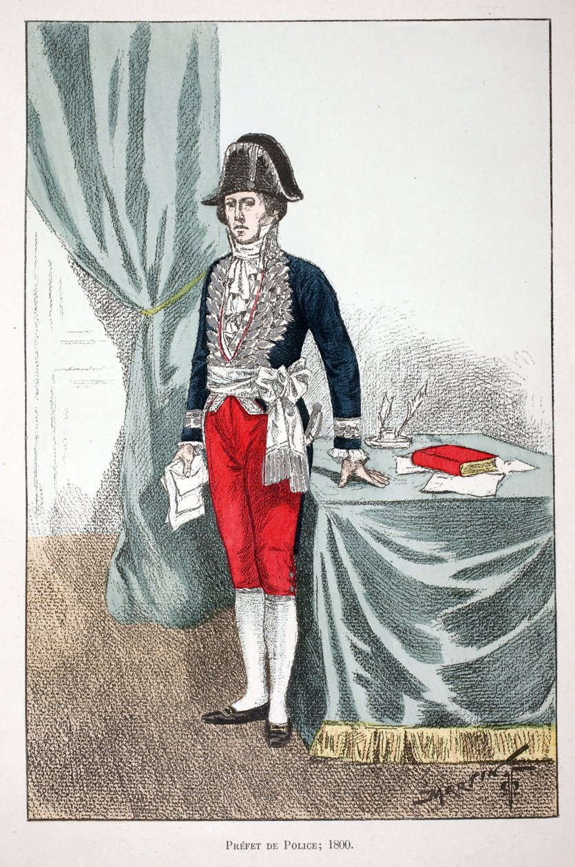 Politiprefekt (1800). Etsning i farger, for illustrasjon "" History of the corps of peacekeepers""" bok utgitt i regi av Louis Lepine (1846-1933), prefekt for politiet på Seinen, av Alfred Rey (1864-?) og Louis Feron (1862) -?), edi av Unknown artist