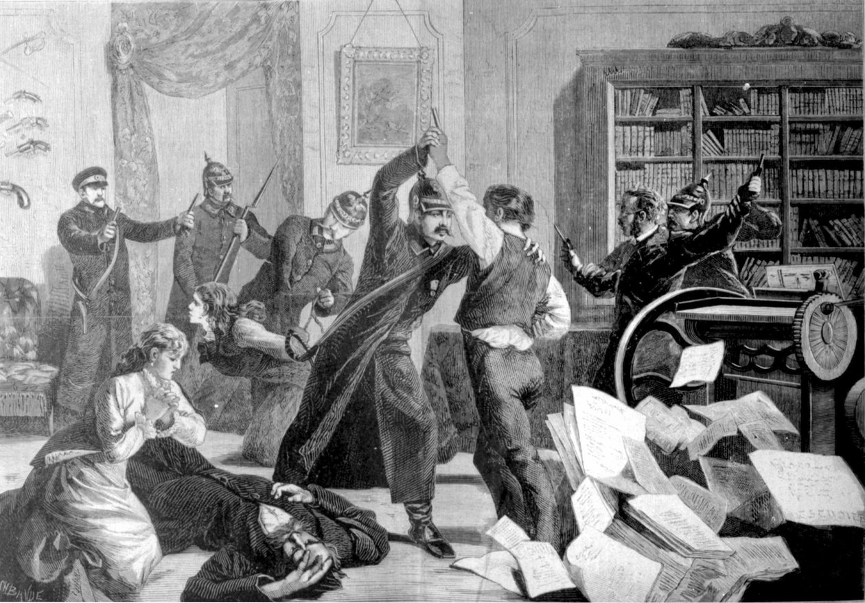 Politiet brøt seg inn i et hus på Sapernaja Street (St. Petersburg) hvor den nihilistiske avisen «The National Will»» er trykt i hemmelighet. av Unknown artist