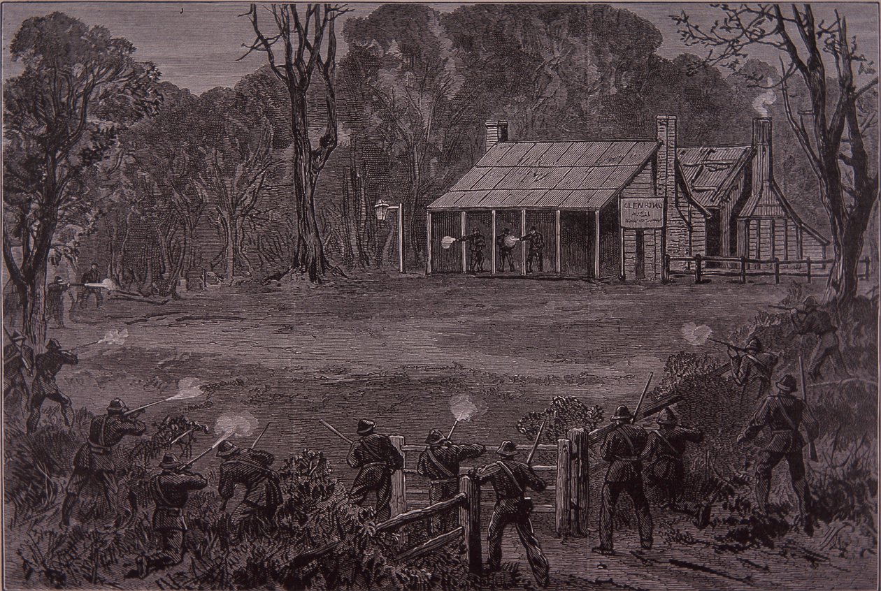 Politiet åpner ild mot Kelly Gang i Glenrowan Hotel, 28. juni 1880 (gravering) av Unknown artist